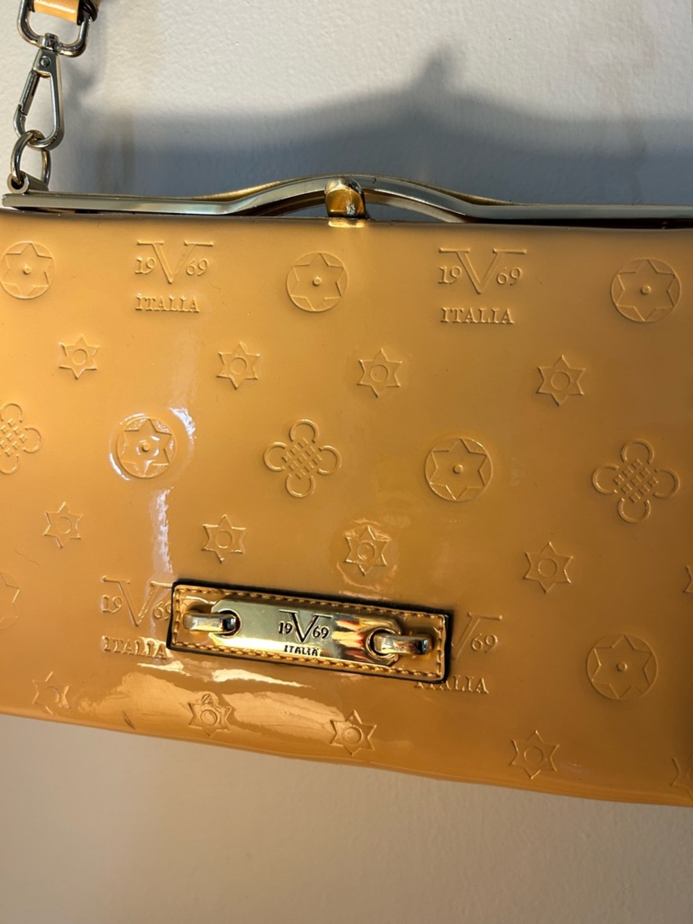 Versace Yellow Patent Crossbody Bag with Gold Hardware